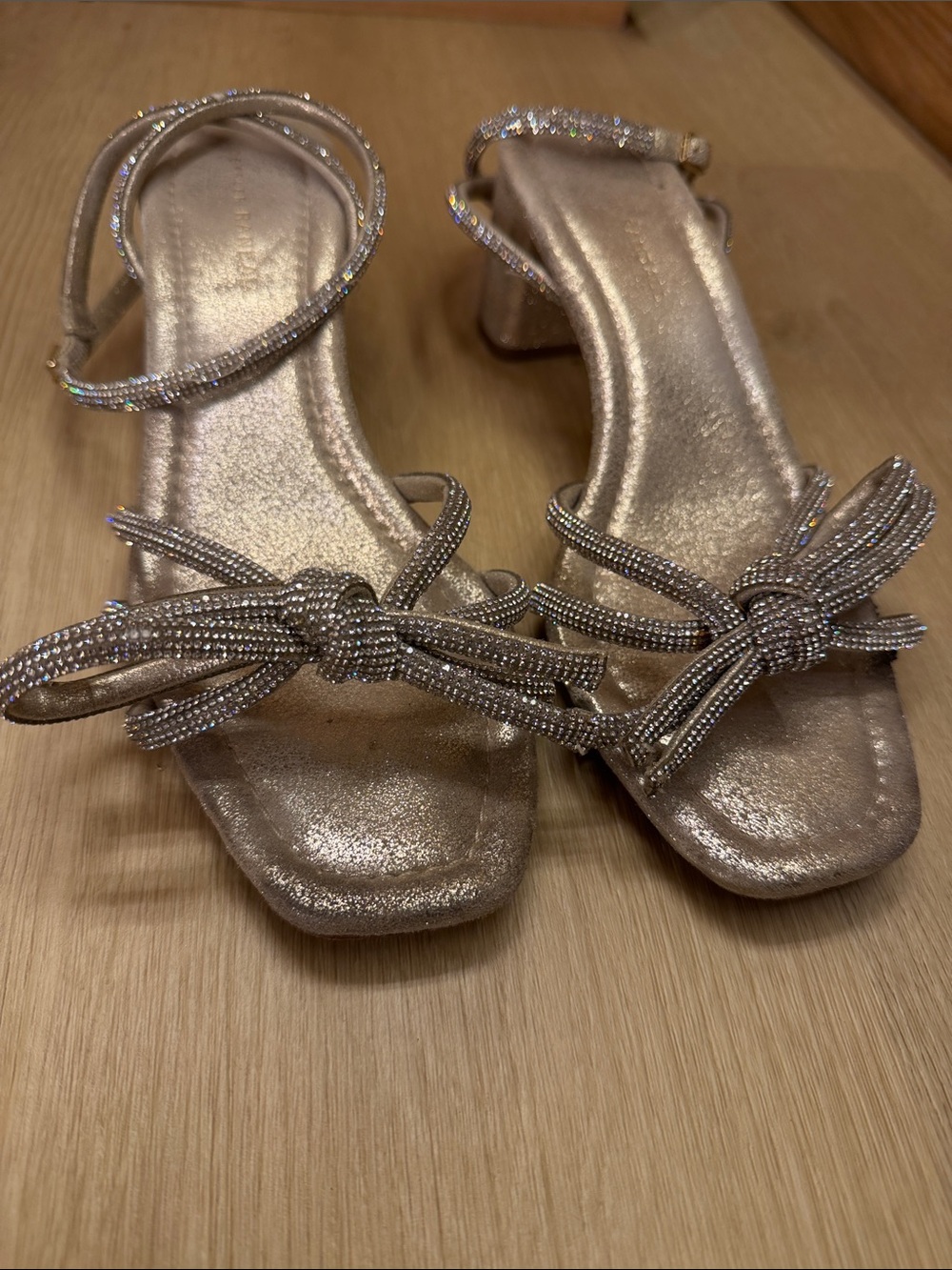 Loeffler Randall Glitter Bow Block Heel Sandals in Champagne